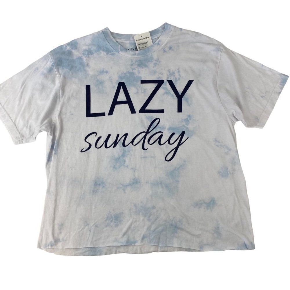 Cozy Rozy LAZY SUNDAY Blue White Tie Dye Relaxed Fit Casual Tee T-Shirt Large